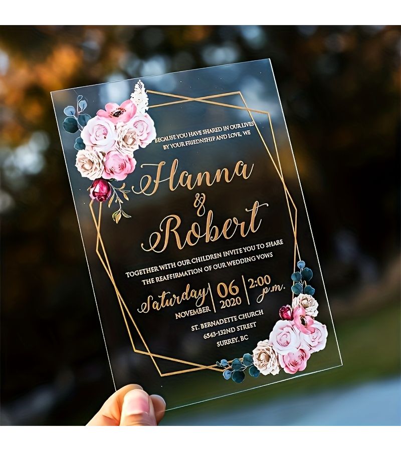 Custom Acrylic Wedding Invitations And Guest Cards 10 Piece Set With Elegant Golden Floral Design Personalized Names And Dates For Weddings Birthdays Corporate Events Envelopes Not Included - Image 1