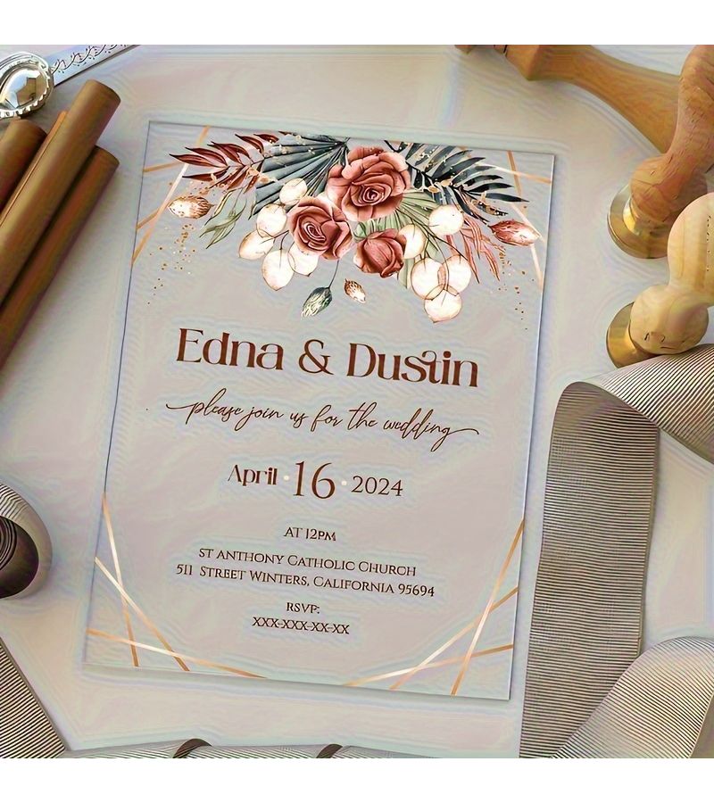 Custom Acrylic Wedding Invitations And Guest Cards 10 Piece Set With Elegant Golden Floral Design Personalized Names And Dates For Weddings Birthdays Corporate Events Envelopes Not Included - Image 4