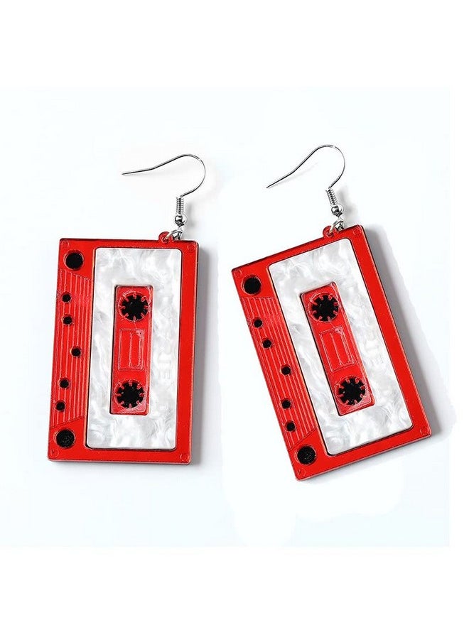 COLORFUL BLING Punk 70S 80S Cassette Tape Earrings Cute Retro Tape Dangle Earrings For Women Party Costume Dancing Disco Accessory-Red  - Image 2