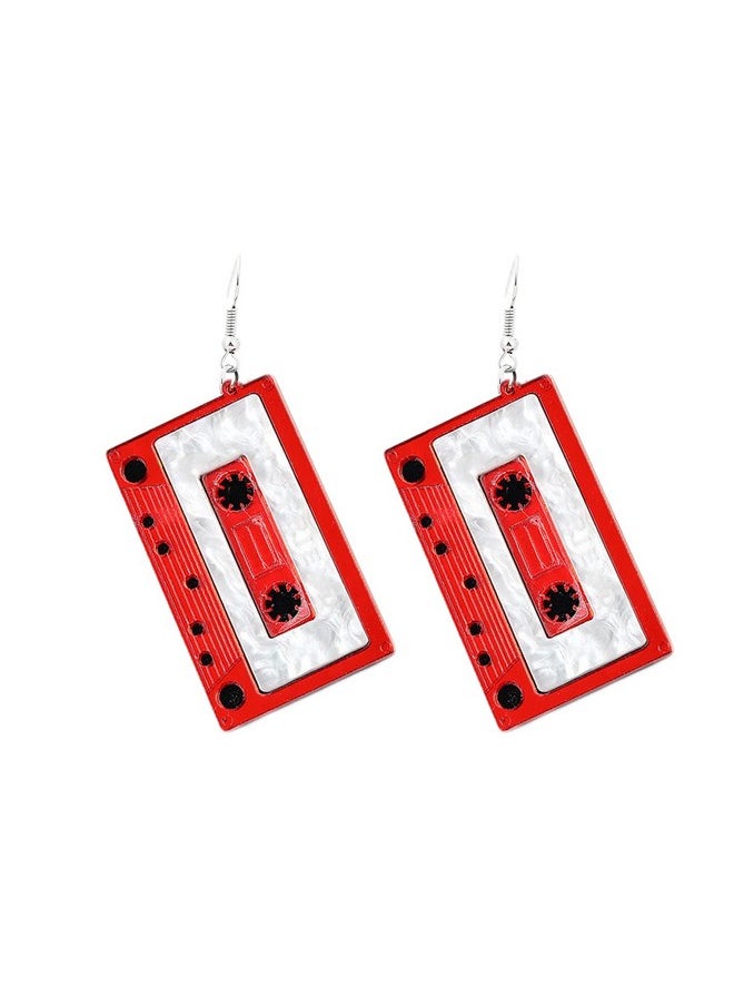 COLORFUL BLING Punk 70S 80S Cassette Tape Earrings Cute Retro Tape Dangle Earrings For Women Party Costume Dancing Disco Accessory-Red  - Image 1