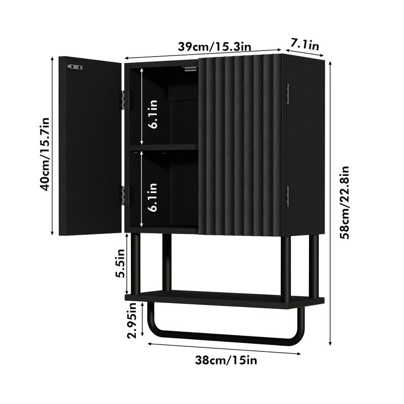 RUSTOWN Fluted Bathroom Wall Cabinet with 2 Doors, 3-Tier Modern Farmhouse Medicine Cabinet, Over The Toilet Storage Cabinet with Adjustable Shelf and Towel Bar(Black, Small) - Image 3