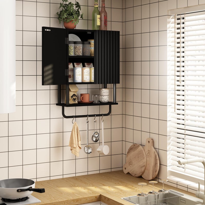 RUSTOWN Fluted Bathroom Wall Cabinet with 2 Doors, 3-Tier Modern Farmhouse Medicine Cabinet, Over The Toilet Storage Cabinet with Adjustable Shelf and Towel Bar(Black, Small) - Image 4