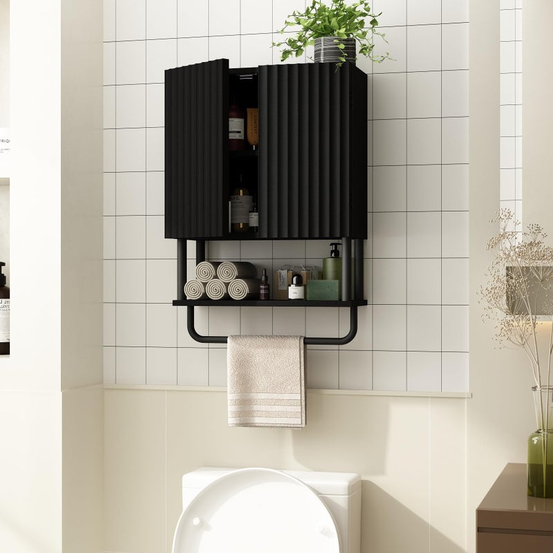 RUSTOWN Fluted Bathroom Wall Cabinet with 2 Doors, 3-Tier Modern Farmhouse Medicine Cabinet, Over The Toilet Storage Cabinet with Adjustable Shelf and Towel Bar(Black, Small) - Image 2