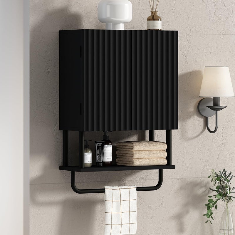 RUSTOWN Fluted Bathroom Wall Cabinet with 2 Doors, 3-Tier Modern Farmhouse Medicine Cabinet, Over The Toilet Storage Cabinet with Adjustable Shelf and Towel Bar(Black, Small) - Image 1