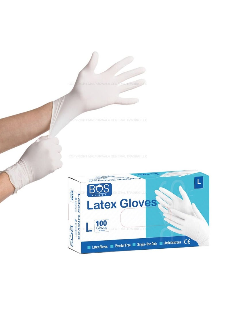 بوس قفازات Bio Safety (BOS) لاتكس خالية من البودرة - قفازات فائقة القوة - مثالية للعناية الصحية والمنزل والتنظيف وأغراض تحضير الطعام - اللون الأبيض - 100 قطعة - Image 1