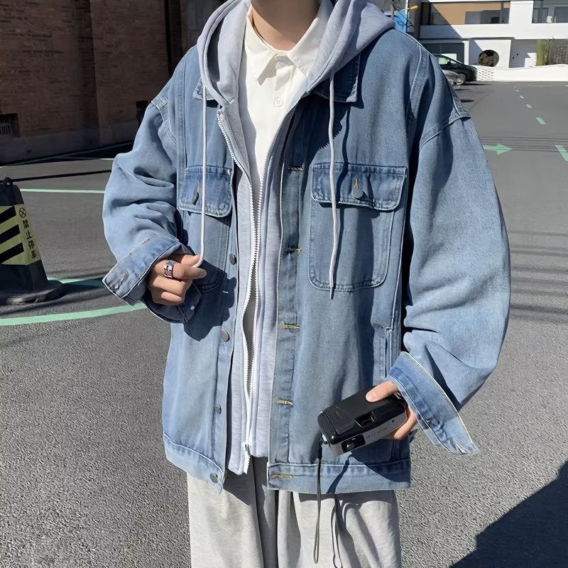 Trendy Denim Jacket For Men Loose Fit Hooded Versatile Top Two-piece Illusion Casual Style Jacket Autumn/winter Season Blue