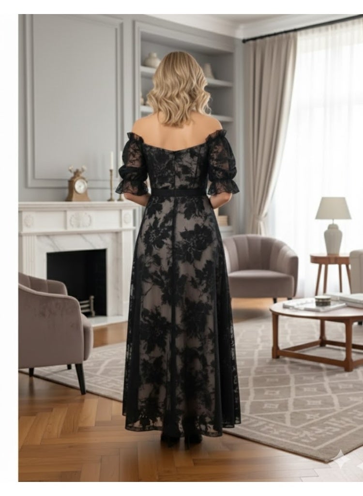 FULL JOY Off-the-shoulder Long Dress with Short Sleeves and a Belt at the waist, Fashion Dress - Image 2