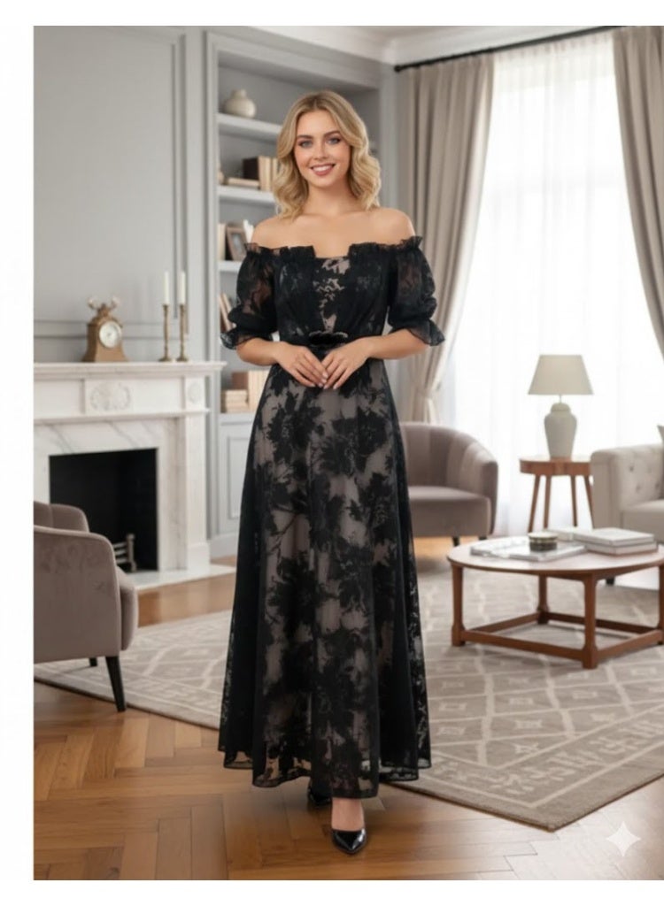FULL JOY Off-the-shoulder Long Dress with Short Sleeves and a Belt at the waist, Fashion Dress - Image 1