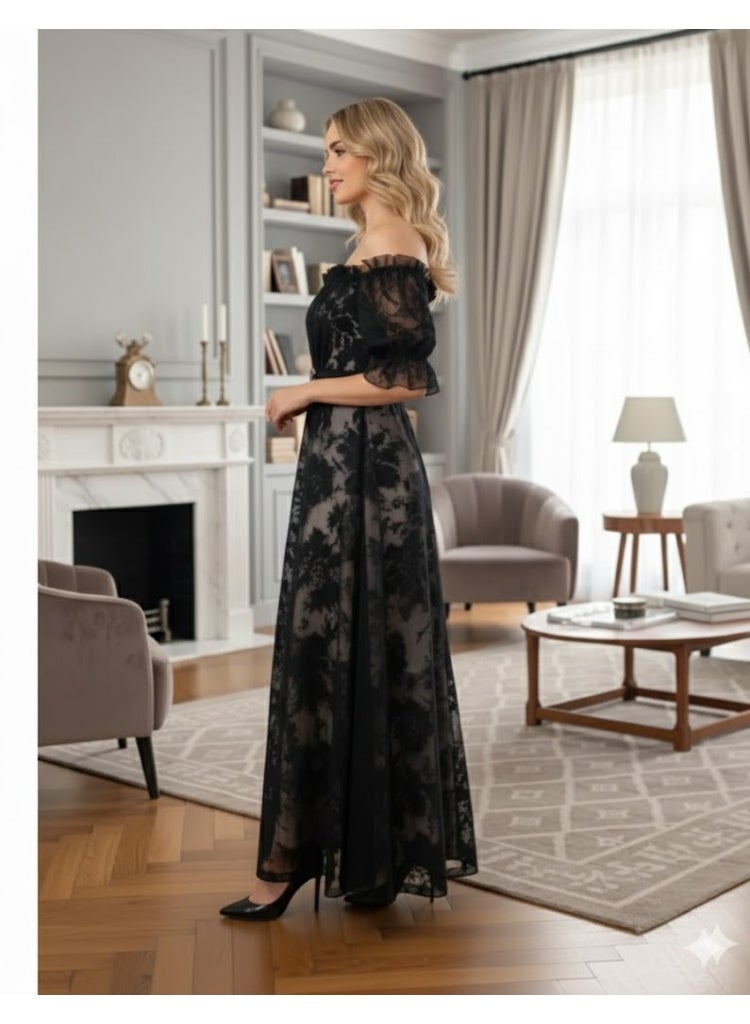 FULL JOY Off-the-shoulder Long Dress with Short Sleeves and a Belt at the waist, Fashion Dress - Image 3