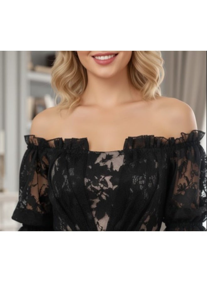 FULL JOY Off-the-shoulder Long Dress with Short Sleeves and a Belt at the waist, Fashion Dress - Image 5