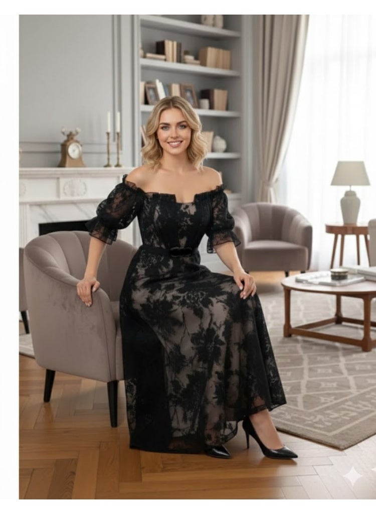 FULL JOY Off-the-shoulder Long Dress with Short Sleeves and a Belt at the waist, Fashion Dress - Image 4