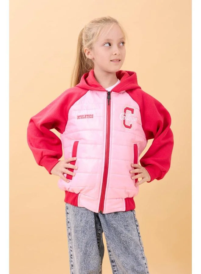 Perendi Girls' Plush-Lined Hooded Quilted College Jacket – Pink