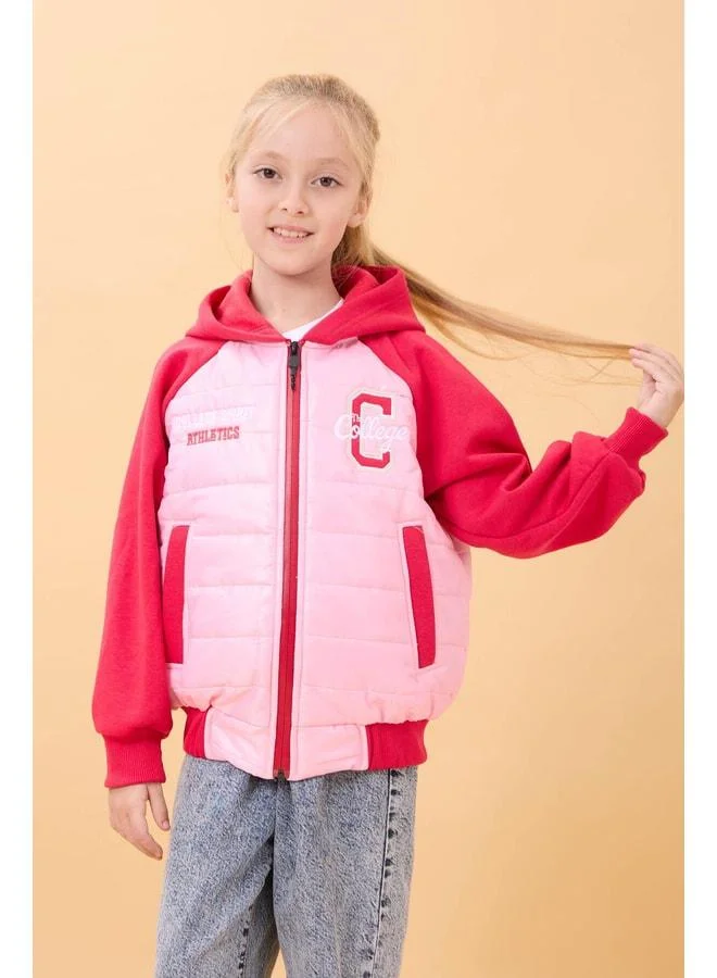 Perendi Girls' Plush-Lined Hooded Quilted College Jacket – Pink