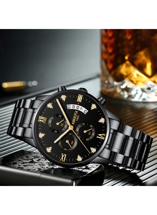 NIBOSI - NIBOSI Analog Watch For Men Fashion Business Men Analog Watches Ultra-Thin Waterproof Chronograph Quartz Analog Watches With Stainless Steel Band, Dial Color-Black, Band Color-Black - Image 1