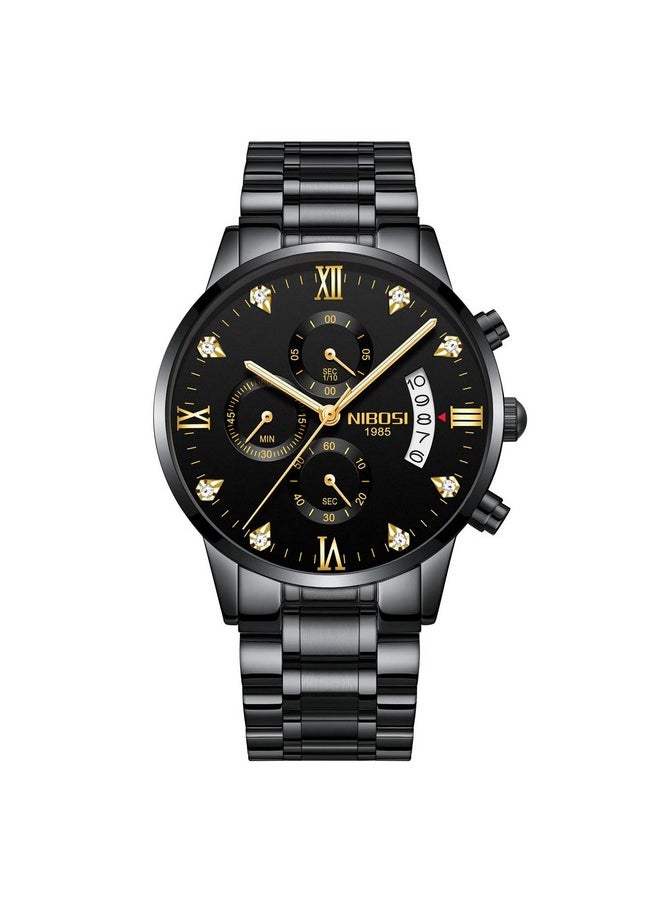 NIBOSI - NIBOSI Analog Watch For Men Fashion Business Men Analog Watches Ultra-Thin Waterproof Chronograph Quartz Analog Watches With Stainless Steel Band, Dial Color-Black, Band Color-Black - Image 1