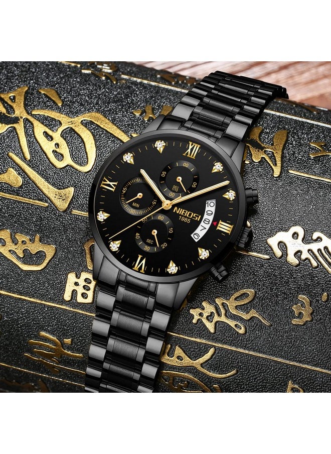 NIBOSI - NIBOSI Analog Watch For Men Fashion Business Men Analog Watches Ultra-Thin Waterproof Chronograph Quartz Analog Watches With Stainless Steel Band, Dial Color-Black, Band Color-Black - Image 1