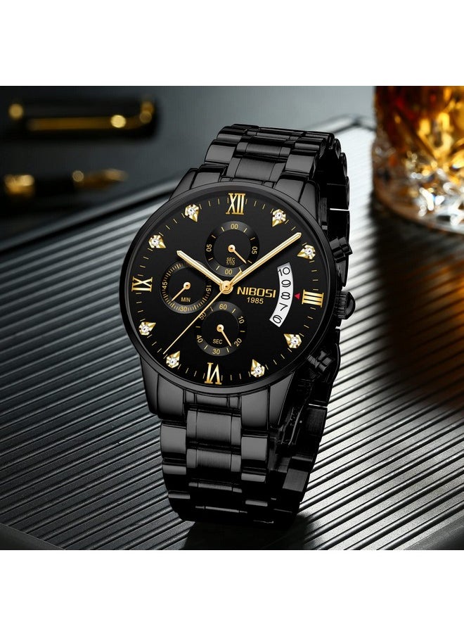 NIBOSI - NIBOSI Analog Watch For Men Fashion Business Men Analog Watches Ultra-Thin Waterproof Chronograph Quartz Analog Watches With Stainless Steel Band, Dial Color-Black, Band Color-Black - Image 1