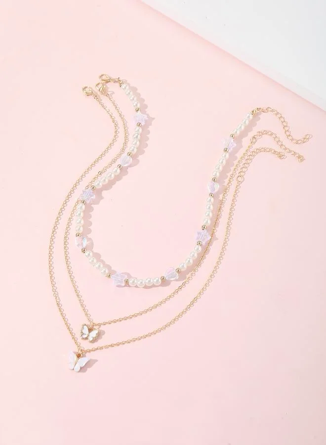 Take Two Pack of 3 - Girls Multi-Color Butterfly and Pearl Pendant Necklaces
