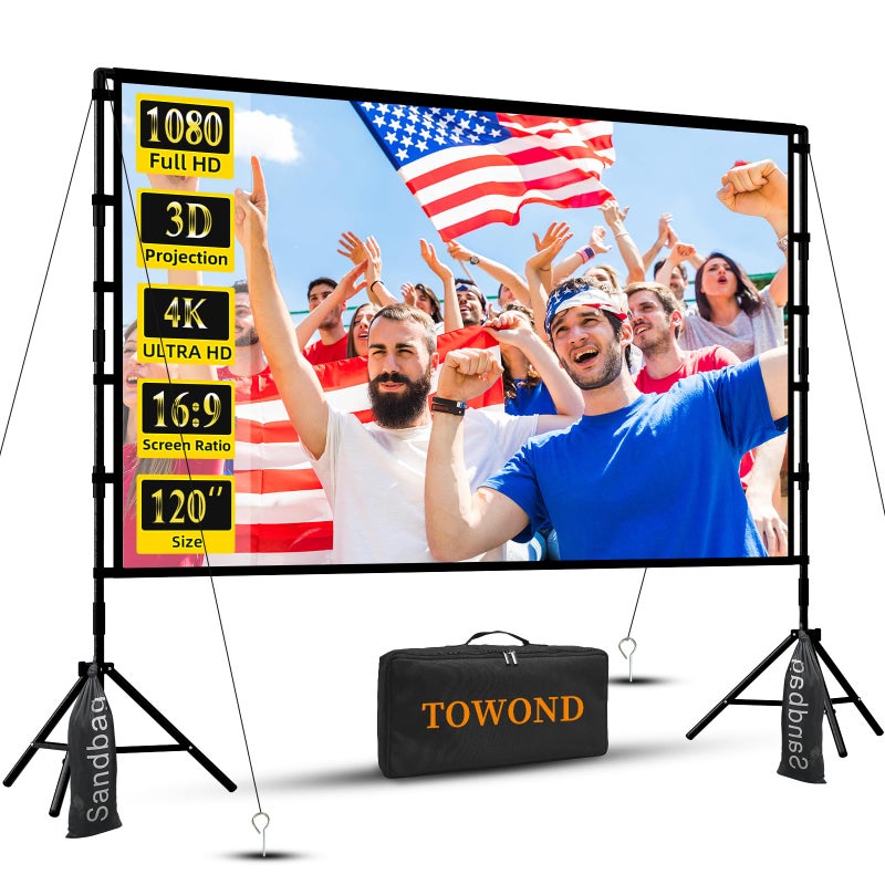 TOWOND Outdoor Projector Screen with Stand, TOWOND 120 inch Projection Screen, Movie Screen 16:9 HD Foldable Anti-Crease Support Double Sided with Carry Bag for Outdoor Indoor - Image 1