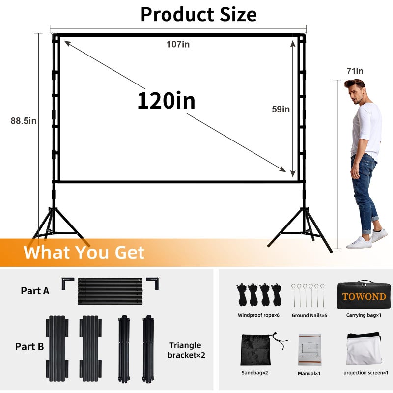 TOWOND Outdoor Projector Screen with Stand, TOWOND 120 inch Projection Screen, Movie Screen 16:9 HD Foldable Anti-Crease Support Double Sided with Carry Bag for Outdoor Indoor - Image 3