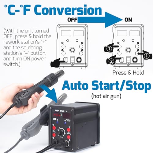 WEP 8786D-I SE Hot Air Soldering Iron Station Kit 2-IN-1 for Rework, Desoldering with Lead-Free Solder Wire, 5 Soldering Tips, 3 Hot Air Nozzles,Tweezers, Desoldering Pump - Image 5