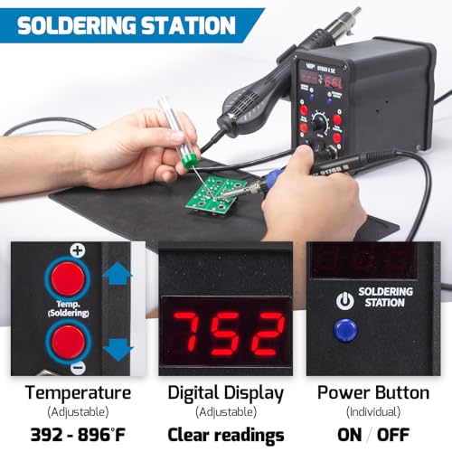 WEP 8786D-I SE Hot Air Soldering Iron Station Kit 2-IN-1 for Rework, Desoldering with Lead-Free Solder Wire, 5 Soldering Tips, 3 Hot Air Nozzles,Tweezers, Desoldering Pump - Image 4
