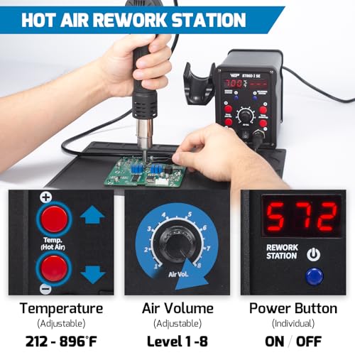 WEP 8786D-I SE Hot Air Soldering Iron Station Kit 2-IN-1 for Rework, Desoldering with Lead-Free Solder Wire, 5 Soldering Tips, 3 Hot Air Nozzles,Tweezers, Desoldering Pump - Image 3