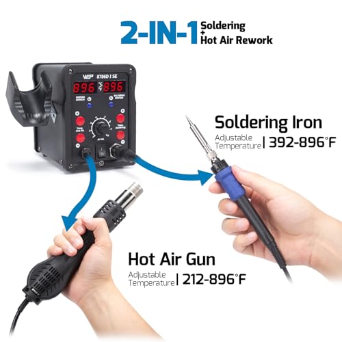 WEP 8786D-I SE Hot Air Soldering Iron Station Kit 2-IN-1 for Rework, Desoldering with Lead-Free Solder Wire, 5 Soldering Tips, 3 Hot Air Nozzles,Tweezers, Desoldering Pump - Image 2