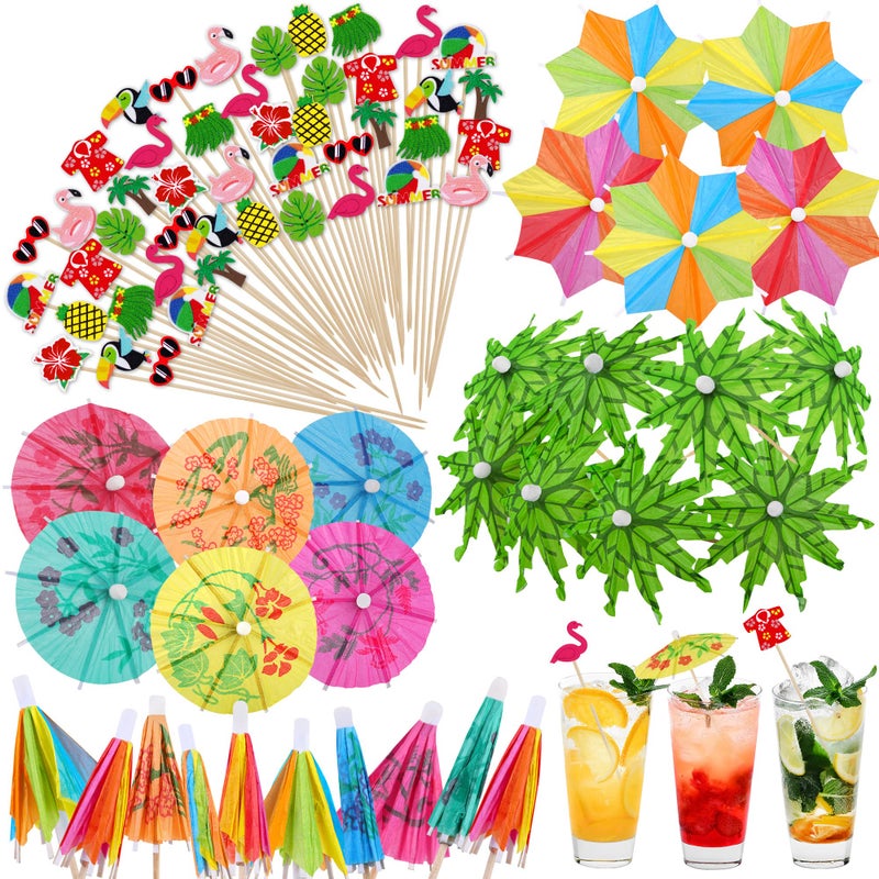 Breroa 210 Pieces Hawaiian Luau Assorted Picks Tropical Cocktail Bamboo Toothpicks Green Tropical Coconut Palm Summer Day Paper Umbrellas and Colorful Drink Umbrellas for Luau Hawaii Beach Party