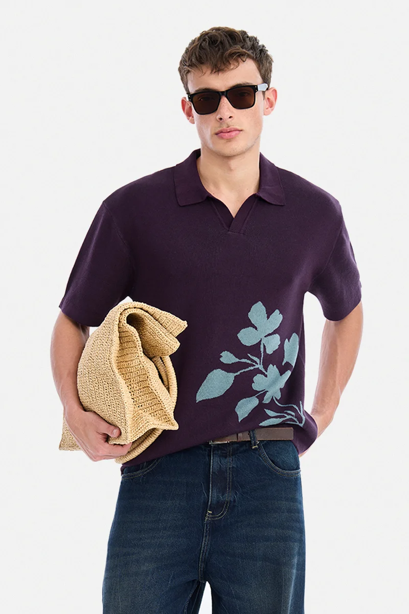 Wine Floral Half Sleeve Oversized Streetwear T-Shirt