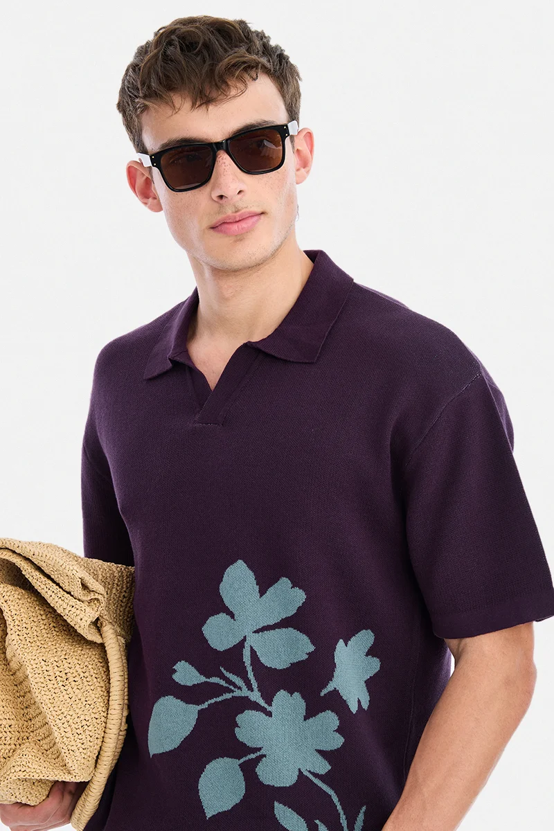 سنيتش Wine Floral Half Sleeve Oversized Streetwear T-Shirt