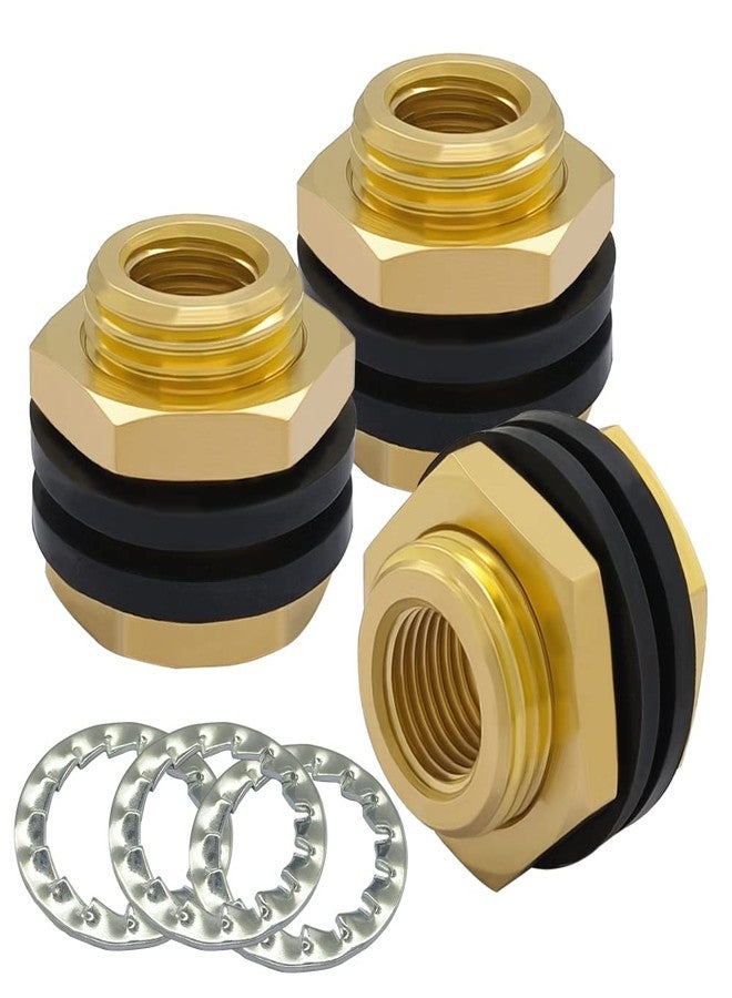 Hooshing Bulkhead Fittings 1/4" NPT Female 1/2" Male Straight Thread Solid Brass Water Tank Connector with Sawtooth Rings, 3 Pack - Image 1