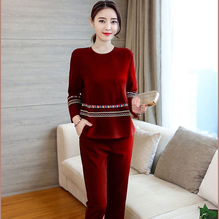 New 2023 Korean style casual sweater pants two-piece long sleeve printed solid color fashion suit womens foreign trade Wine red - Image 1