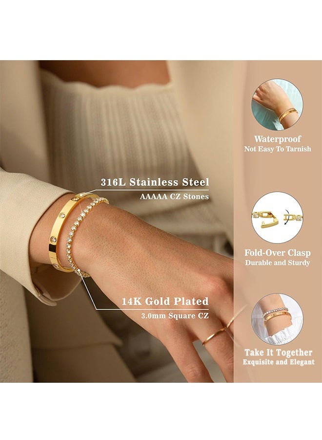 2-Piece Gold Bracelets for Women, 18K Gold Plated Cubic Zirconia Bangle Crystal Friendship Bracelet Jewelry,Wedding Party Birthday Gifts for Girlfriend Sister Daughter - Image 3