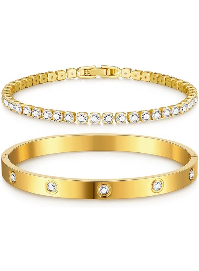 2-Piece Gold Bracelets for Women, 18K Gold Plated Cubic Zirconia Bangle Crystal Friendship Bracelet Jewelry,Wedding Party Birthday Gifts for Girlfriend Sister Daughter - Image 2