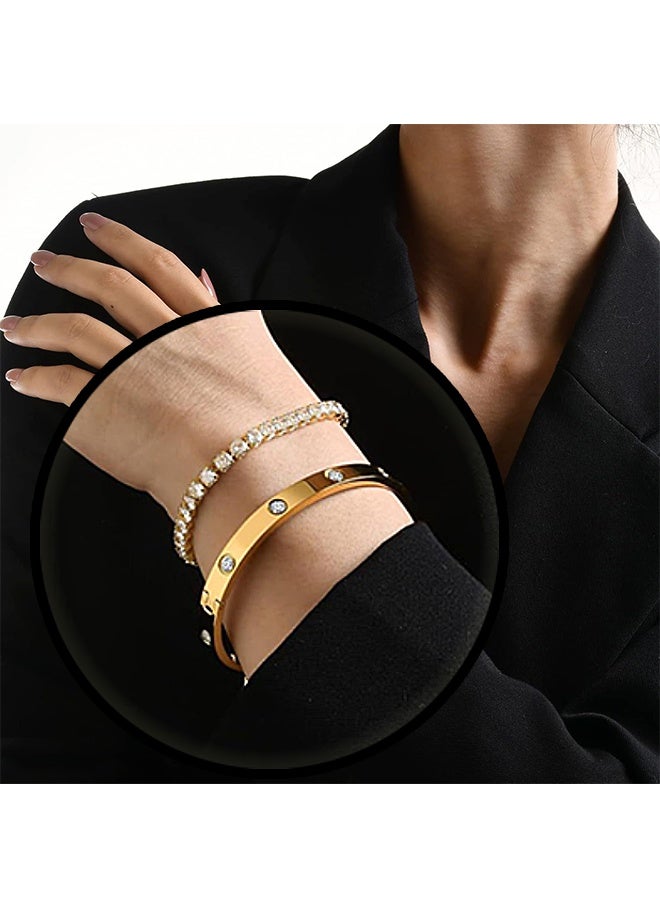 2-Piece Gold Bracelets for Women, 18K Gold Plated Cubic Zirconia Bangle Crystal Friendship Bracelet Jewelry,Wedding Party Birthday Gifts for Girlfriend Sister Daughter - Image 1