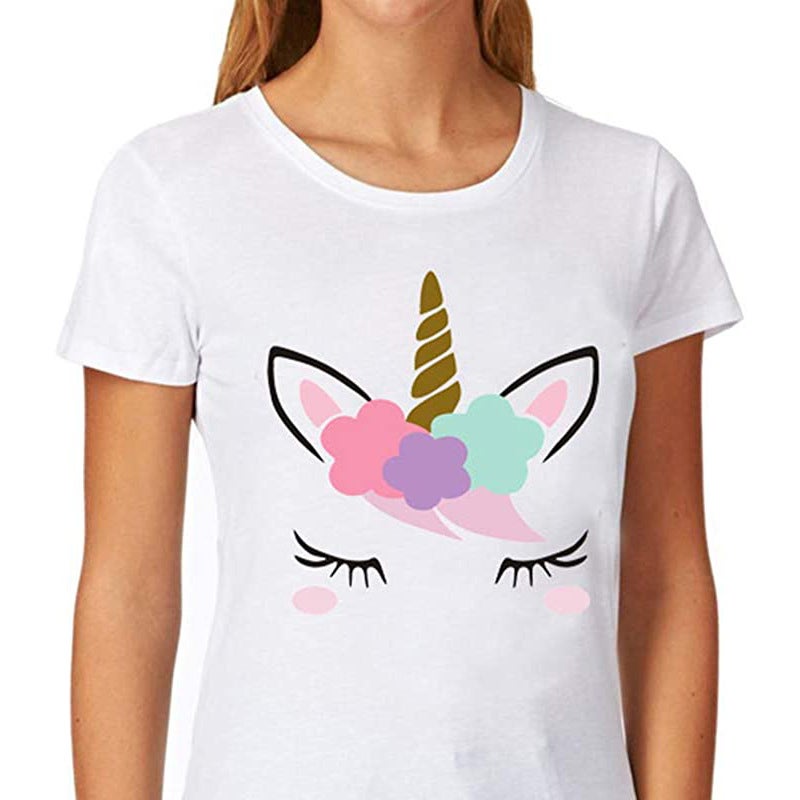 Adult children eyelash ears unicorn horn printed white T-shirt short sleeve women's wish/ - Image 1