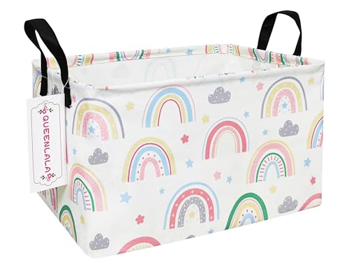 QUEENLALA Rectangular laundry basket with handlesRoom decor Nursery decorHamper for nurseryKids Foldable Nursery Laundry Basket for OrganizingRecRainbow - Image 1