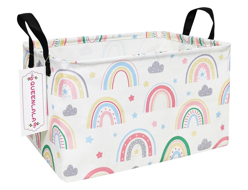 QUEENLALA Rectangular laundry basket with handlesRoom decor Nursery decorHamper for nurseryKids Foldable Nursery Laundry Basket for OrganizingRecRainbow - Image 3