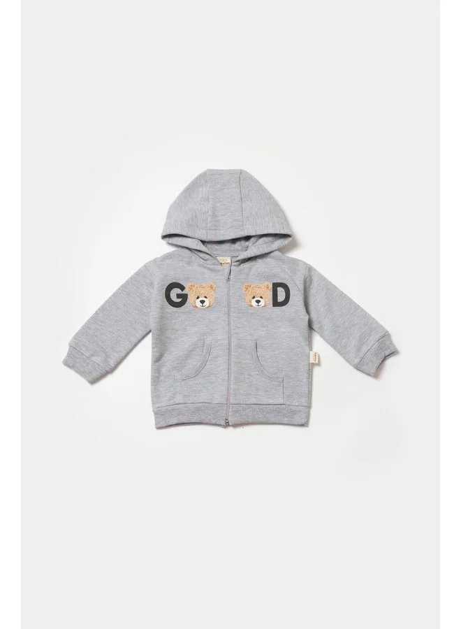 Magu Baby Cotton Gray Hooded Tracksuit with Bear Print - Two Pieces