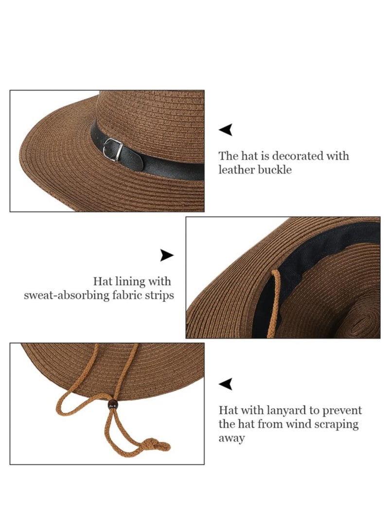 Excefore Straw Cowboy Hat for Women Men Classic Western Cowgirl Cap Foldable Sun Hat Shapeable Fedora Panama Hat Wide Brim Beach Hat - Image 3
