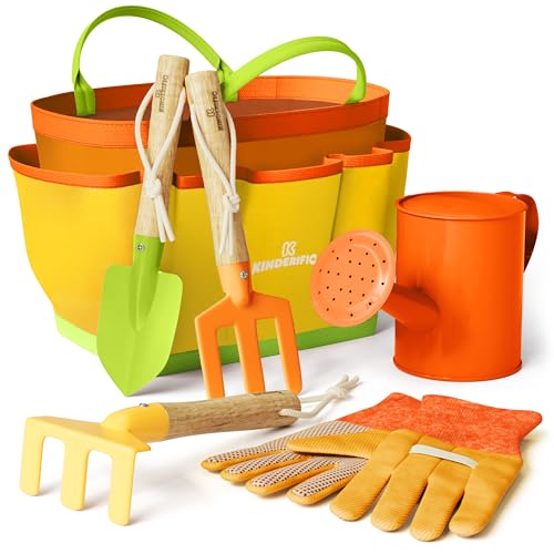 Kinderific Gardening Set Tool Kit for Kids STEM Includes Tote Bag Spade Watering Can Rake Fork Trowel and Gloves Sunshine - Image 1