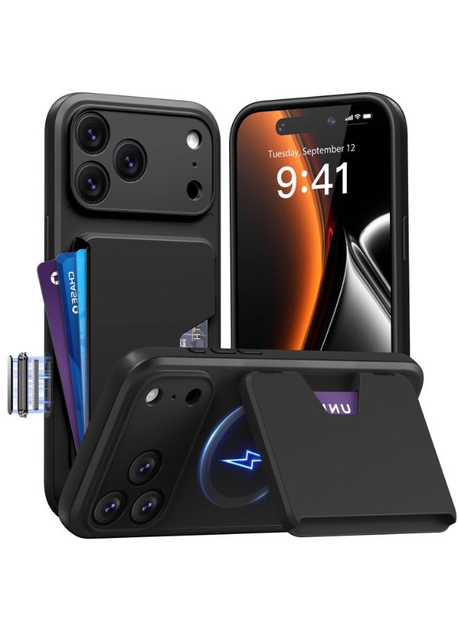 جولبينبوكس غطاء لهاتف آيفون 17 برو ماكس مع حافظة بطاقات وحامل متوافق مع ماج سيف • التحكم بالكاميرا • حماية كاملة للكاميرا جراب بمحفظة بطاقات ومتين ومضاد للصدمات لهاتف 17 برو ماكس مقاس ‎6.9‎ بوصة، باللون الأسود - Image 1