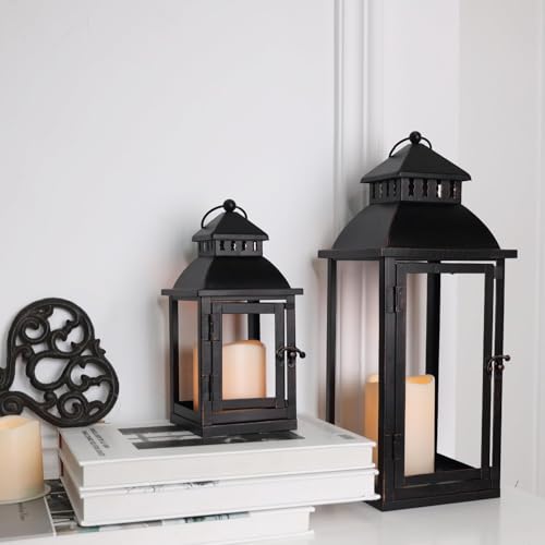 DECORKEY LED Lanterns Decorative OutdoorIndoor Set of 2 1711 Large Black Metal Lantern Decor with bronze brush Candle Holder for Porch Patio Garden Balcony Wedding Decorations No Glass - Image 1