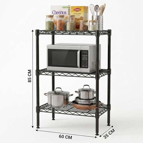 STORACK Compact 3-Tier Heavy Duty Storage Rack | 300kg Load Capacity | Adjustable Shelves | Easy No-Tool Assembly | 60L x 35W x 85H CM | Space Saving Black Storage Unit for Home & Kitchen - Image 4