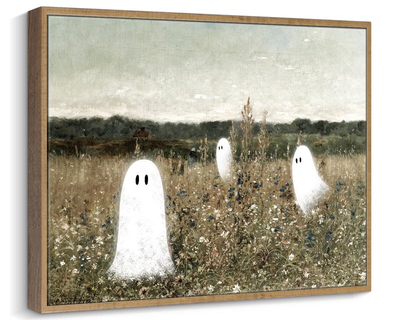 Pinetree Art Funny Framed Easter Canvas Wall Art for Living Room Cute Ghosts at Wildflower Meadow Painting Prints Vintage Spooky Wall Art for Bedroom Home Decor 12 x 16 K