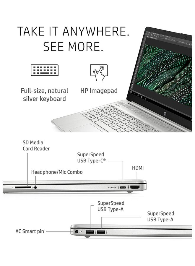 HP لابتوب 15s بشاشة مقاس 15.6 بوصة، معالج كور i5، ذاكرة رام سعة 16 جيجابايت/محرك أقراص SSD سعة 512 جيجابايت/بطاقة رسومات إنتل Xe الإنجليزية/العربية فضي - Image 4