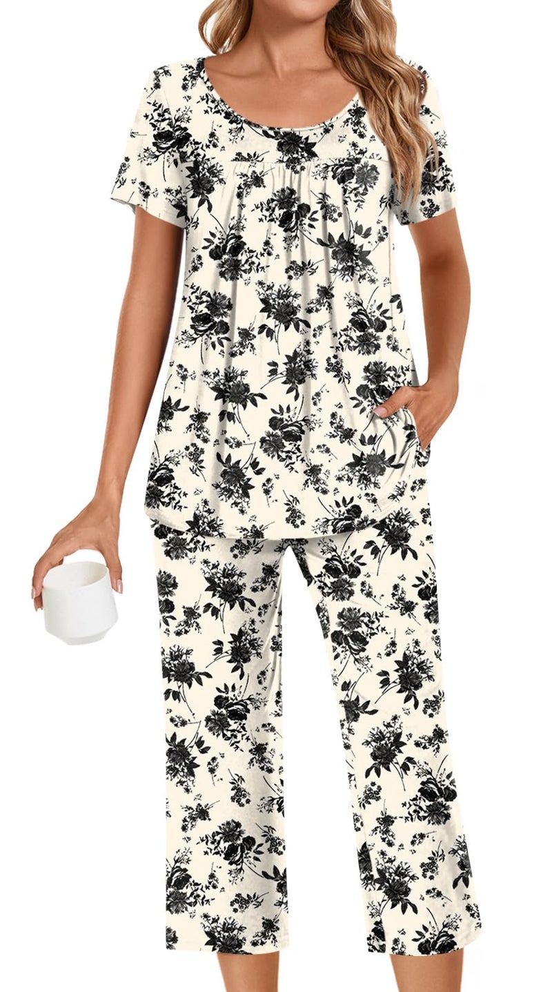 POPYOUNG Womens Pajama Sets Summer Ladies Pjs 2 Piece Loungewear Capri with Pockets Sleepwear XL, Black FL Rose - Image 1