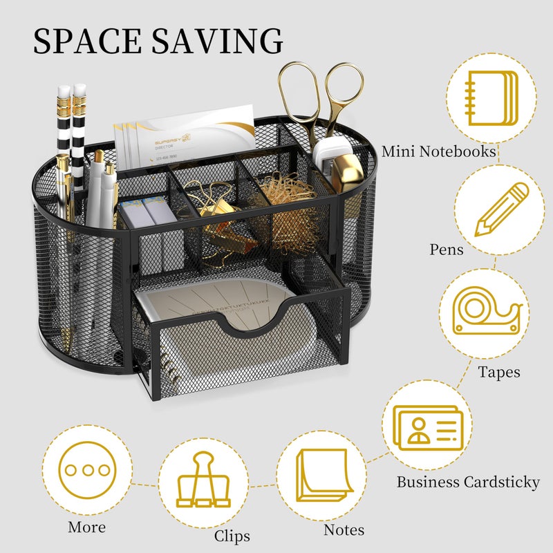 SUPEASY Mesh Desk Organizer, Desk Accessories & Workspace Organizers with Drawers, Pencil Holder for Desk with 9 Compartments for Office Supplies, 8.6 x 4.3 x 4.1 Inch, Black - Image 4