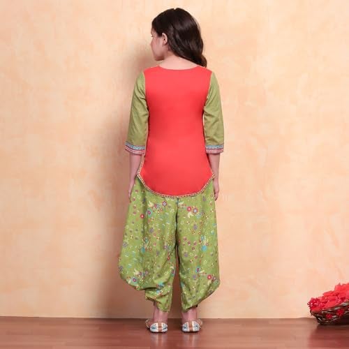 Biba Girls Org-Grn Straight Cotton Solid Kurta suit set - Image 4